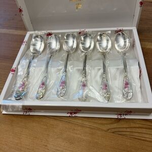 Set of 6 Stainless Steel and Ceramic Limoges Art Handle Small Spoons.